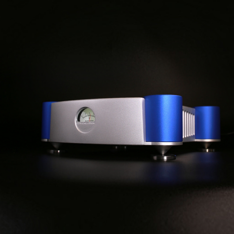 Undentia AB Ediscreation Firebird LPS linear power supply with silver chassis, blue accents, and analog voltage meter