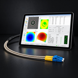 Undentia AB armored single mode duplex fiber optic cable with blue connectors shown next to a 3D test result screen