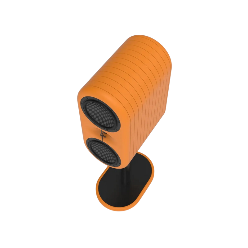 Undentia AB AKu Onar active speaker in vibrant orange with dual TeXtreme drivers on a sleek black stand.
