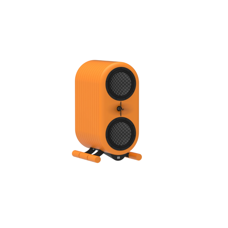 Undentia AB AKu Onar active speaker in bright orange with dual TeXtreme drivers and a central tweeter on a stand