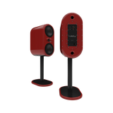 Undentia AB AKu Onar active speakers in red with dual TeXtreme drivers and rear connectivity panel on black stands.