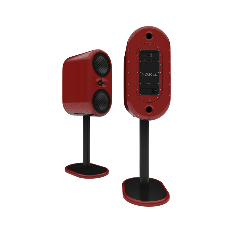 Undentia AB AKu Onar active speakers in red with dual TeXtreme drivers and rear connectivity panel on black stands.