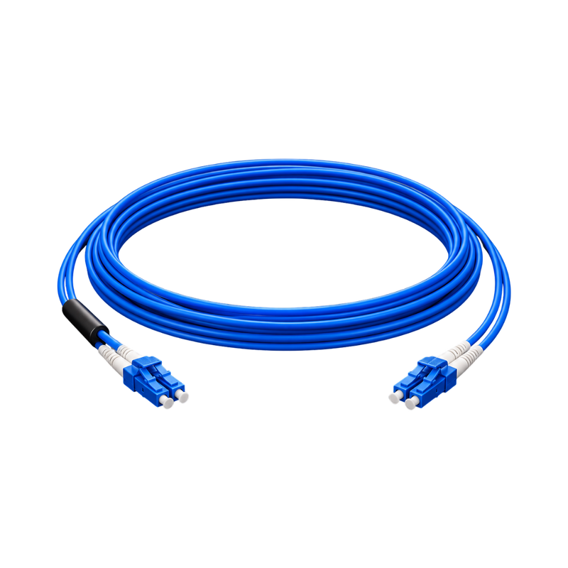 Undentia AB blue armored industrial single mode duplex fiber optic cable with LC connectors on a black background