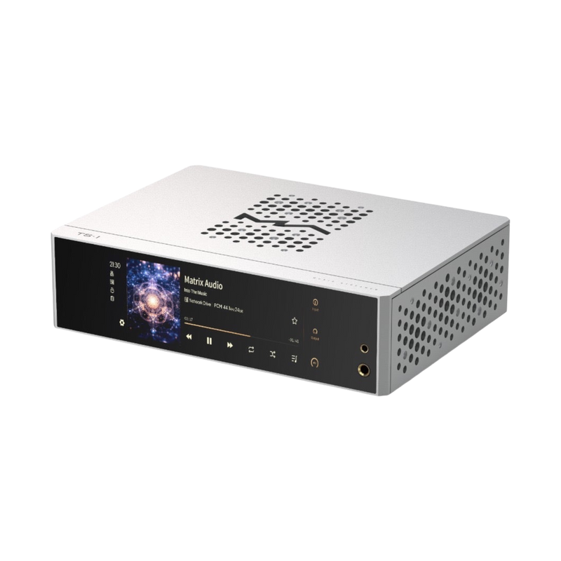 Undentia AB Matrix Audio TS-1 silver DAC and streamer with front touchscreen display and headphone output.