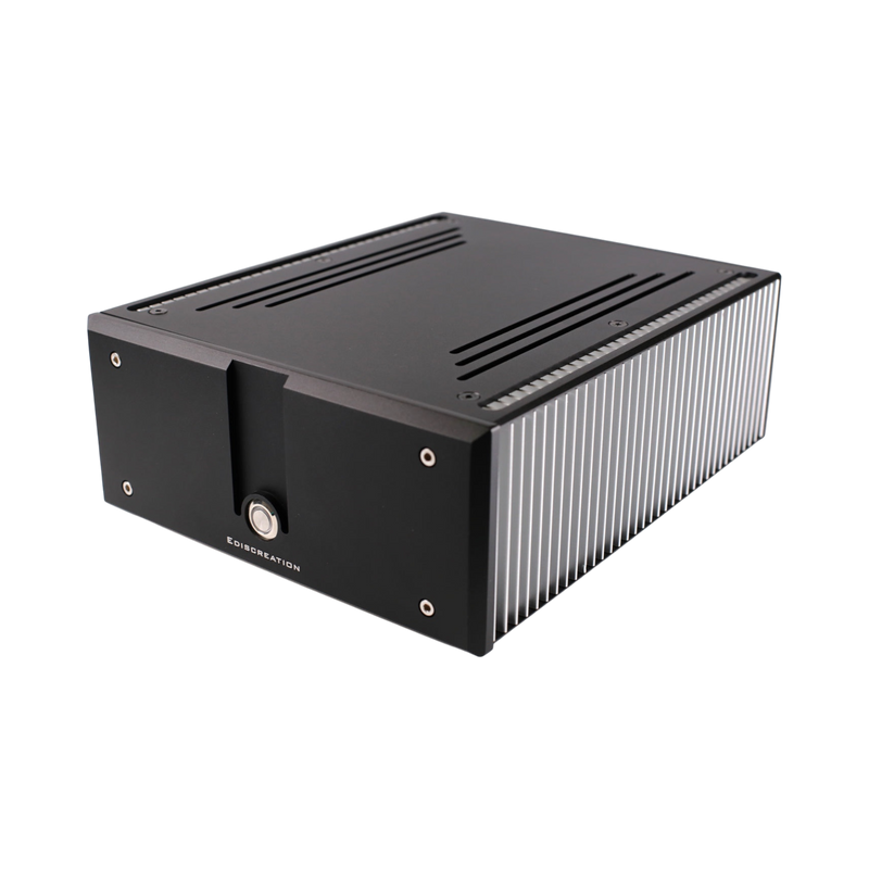 Undentia AB Ediscreation linear power supply with black metal casing and silver heatsink fins on a white background