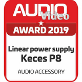 Undentia AB award badge for the KECES P8 linear power supply, featuring Audio Video Award 2019 text on a red background