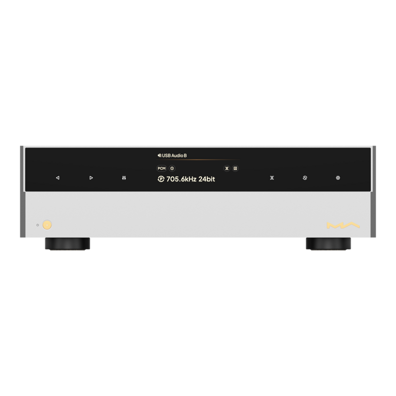Undentia AB Matrix Audio ND-1 DAC in silver with a front display showing 705.6kHz 24bit audio and touch controls.