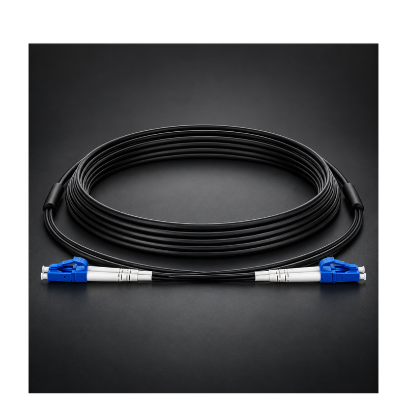 Undentia AB armored single mode duplex fiber optic cable with blue connectors coiled on a dark background