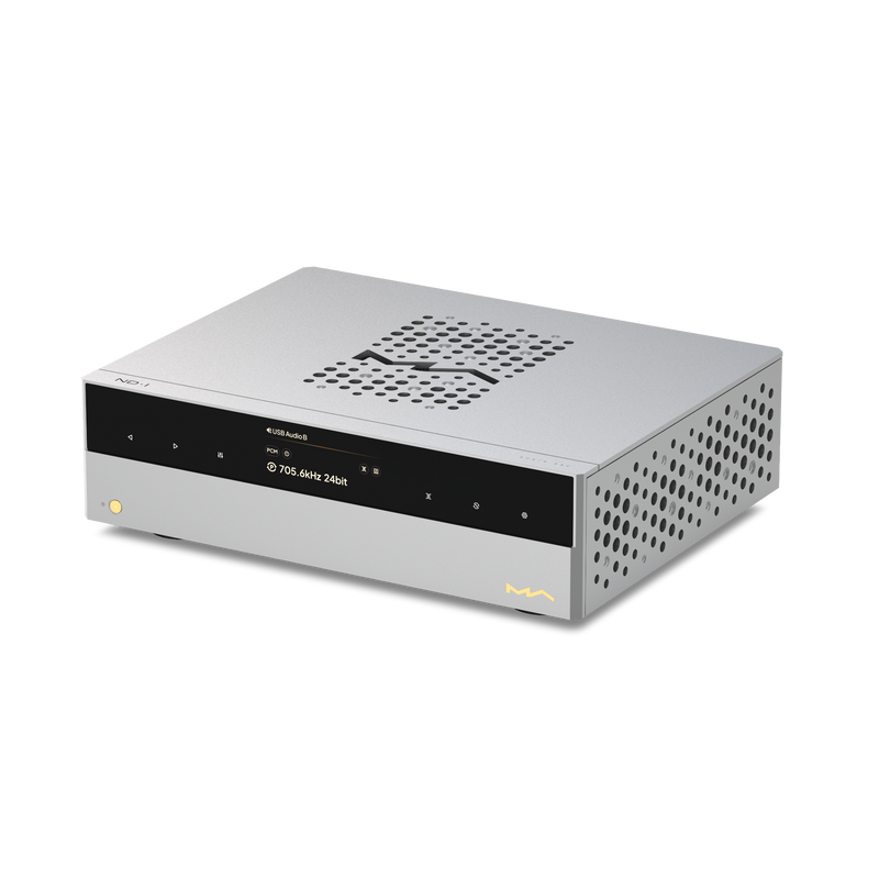 Undentia AB Matrix Audio ND-1 silver desktop DAC with a sleek CNC-machined aluminium chassis and digital display