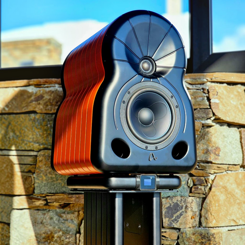 Undentia AB MaYa II high-end studio monitor speaker with a black front and orange side panels on a stand