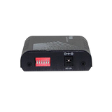 Undentia AB EtherWAN media converter rear panel showing the 12V DC power input and red DIP switch configuration block.