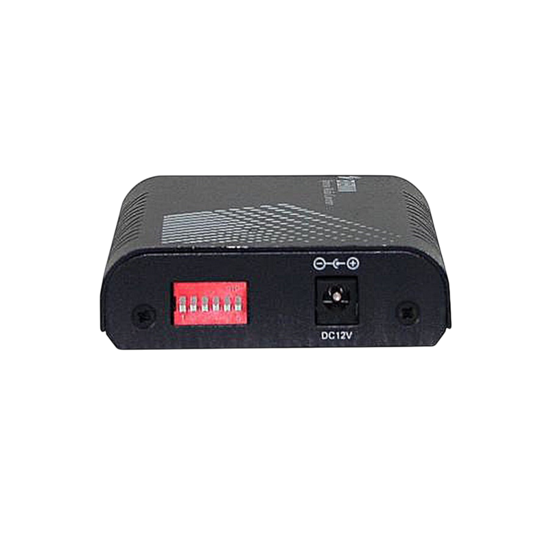 Undentia AB EtherWAN media converter rear panel showing the 12V DC power input and red DIP switch configuration block.