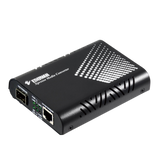 Undentia AB EtherWAN SFP media converter in black metal housing with RJ45 and fiber optic ports for network isolation.