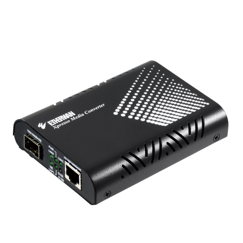 Undentia AB EtherWAN SFP media converter in black metal housing with RJ45 and fiber optic ports for network isolation.