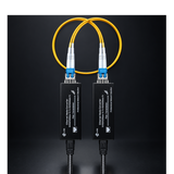 Undentia AB Micro Media Converter pair with yellow fiber optic cables connected against a black background