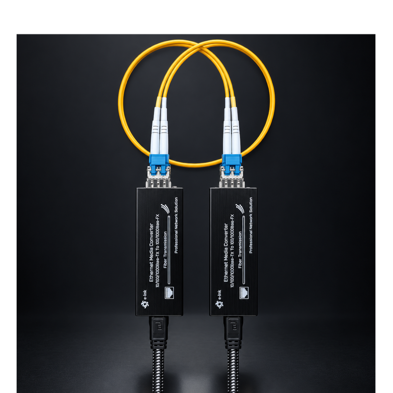 Undentia AB Micro Media Converter pair with yellow fiber optic cables connected against a black background