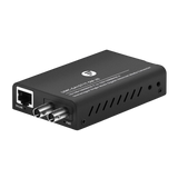Undentia AB EtherWAN media converter in a black metal housing with RJ45 and fiber optic ports for network connectivity.