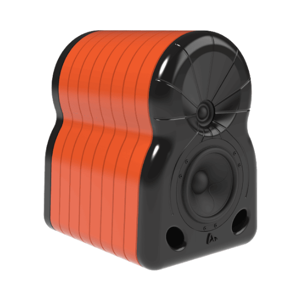 Undentia AB MaYa II high-end studio monitor speaker in a vibrant orange and black finish with a unique ribbed design.