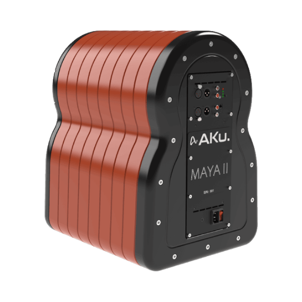 Undentia AB AKu MaYa II active studio monitor speaker in terracotta red with black rear panel and XLR inputs