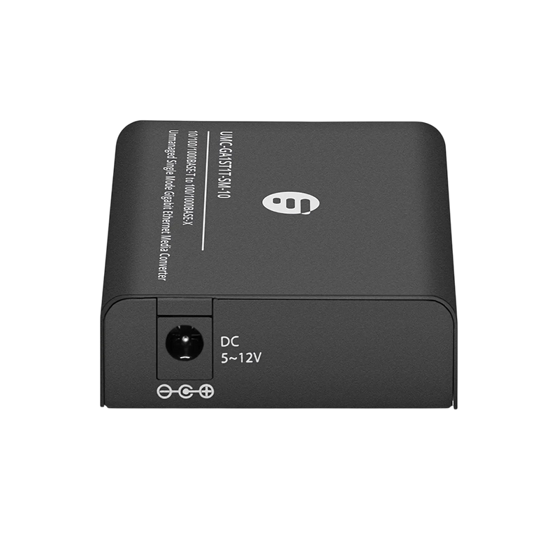 Undentia AB black gigabit fiber optic media converter with DC power input for high-fidelity audio network isolation