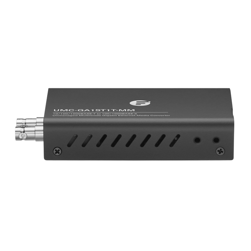 Undentia AB black gigabit fiber optic media converter with ST connectors for network audio isolation