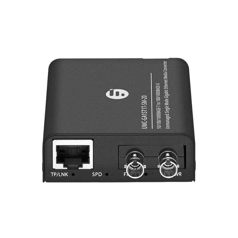 Undentia AB gigabit fiber optic media converter with ST connectors and Ethernet port for audio network isolation
