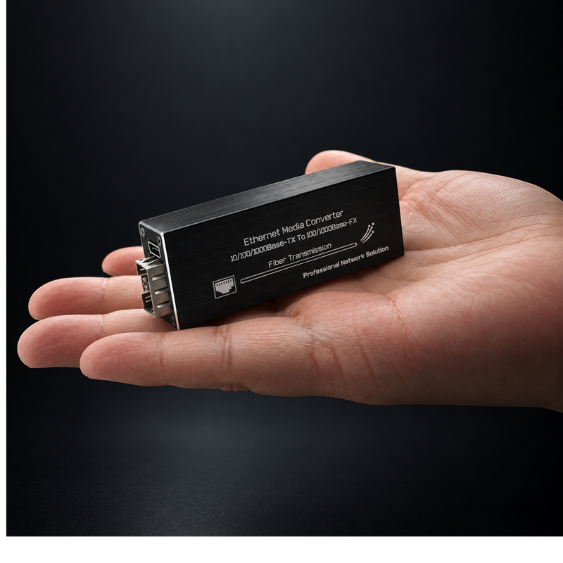 Undentia AB compact black micro media converter held in a palm for scale, featuring SFP module slot