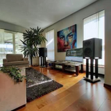 Undentia AB S360A SAM studio monitors in a modern living room setup with a large painting and indoor plant