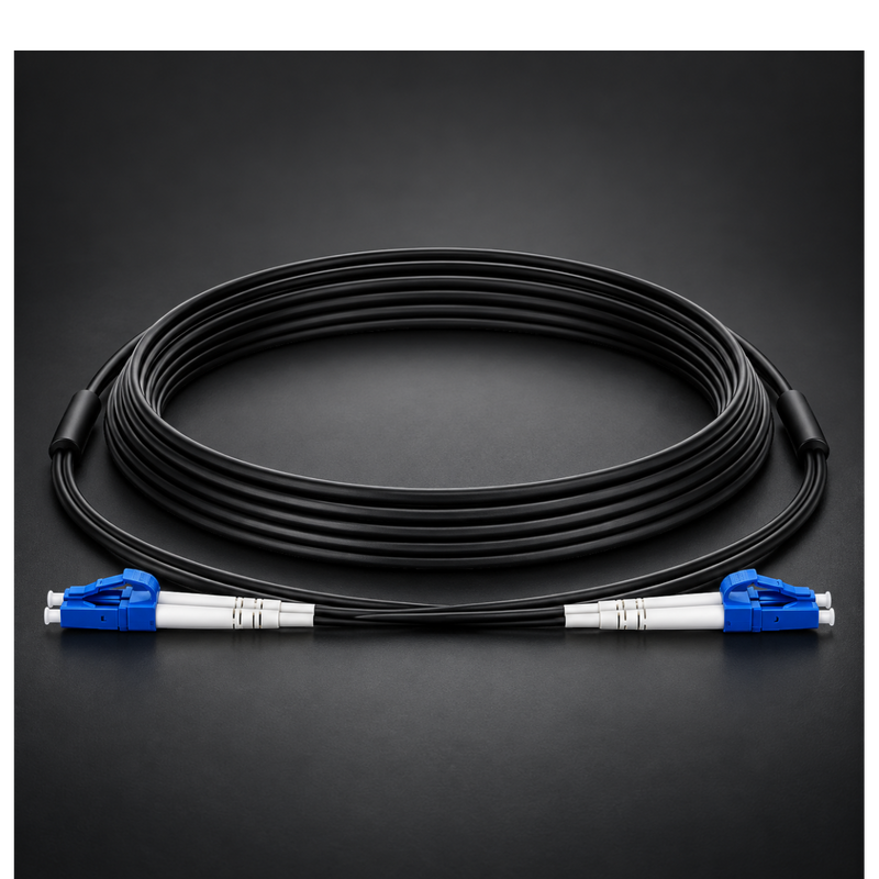 Undentia AB armored single mode duplex fiber optic cable with blue connectors coiled on a dark background
