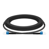 Undentia AB armored single mode duplex fiber optic cable with blue connectors coiled on a white background.