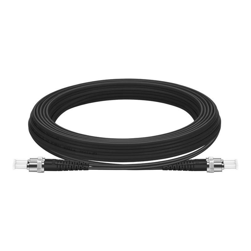 Undentia AB armored single mode duplex fiber optic cable with black protective jacket and metallic ST connectors.