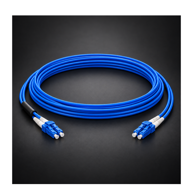 Undentia AB blue armored single mode duplex fiber optic cable with LC connectors on a dark background