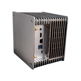 Undentia AB Cirrus7 SE fanless music server with a custom silver aluminum finned chassis for passive cooling.