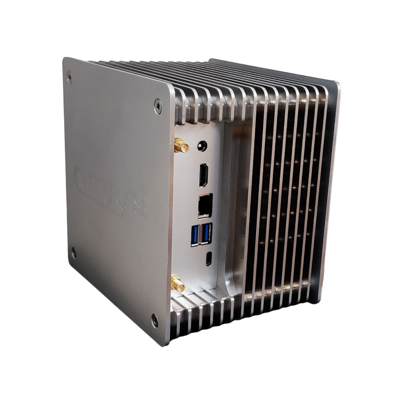 Undentia AB Cirrus7 SE fanless music server with a custom silver aluminum finned chassis for passive cooling.