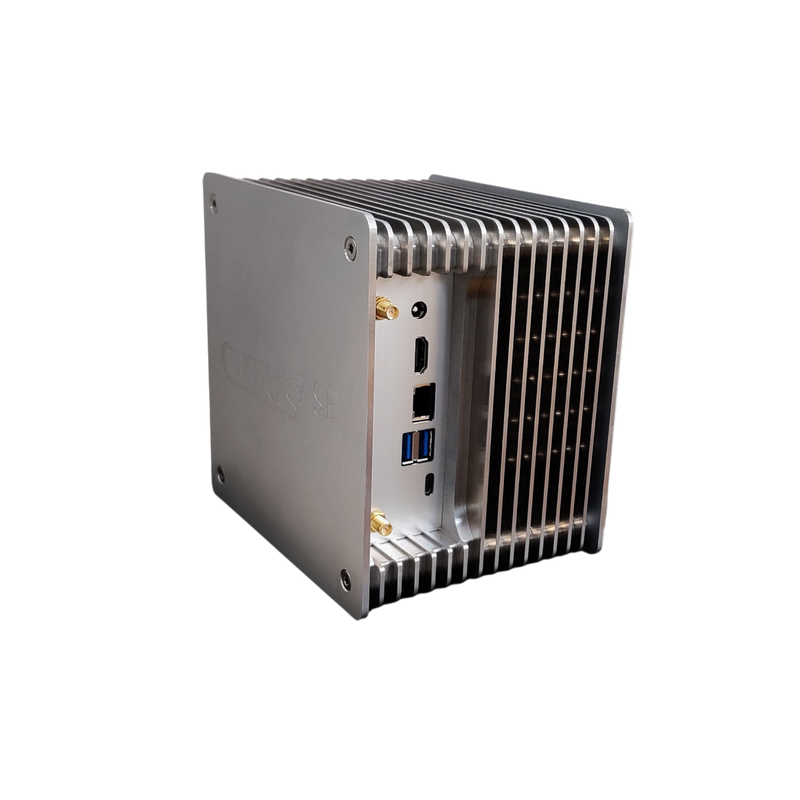 Undentia AB Cirrus7 SE fanless music server with a custom silver aluminum finned chassis for passive cooling.