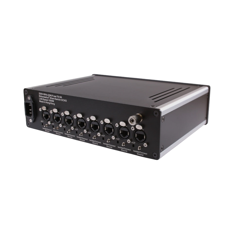 Undentia AB Ediscreation Silent Switch OCXO audio network switch rear panel with multiple LAN ports and ground switches