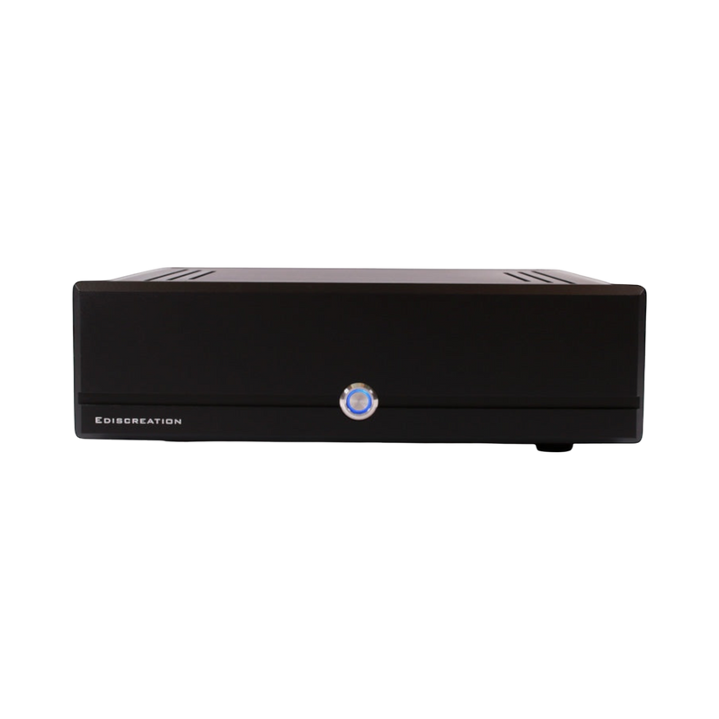 Undentia AB Ediscreation Silent Switch OCXO audiophile network switch with a sleek black chassis and blue power light.