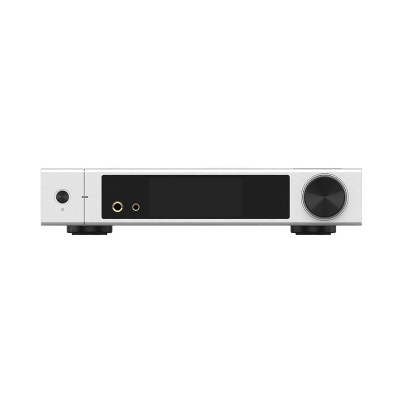 Undentia AB Element M2 silver music streamer with front LCD touch screen, headphone jacks, and volume control knob.