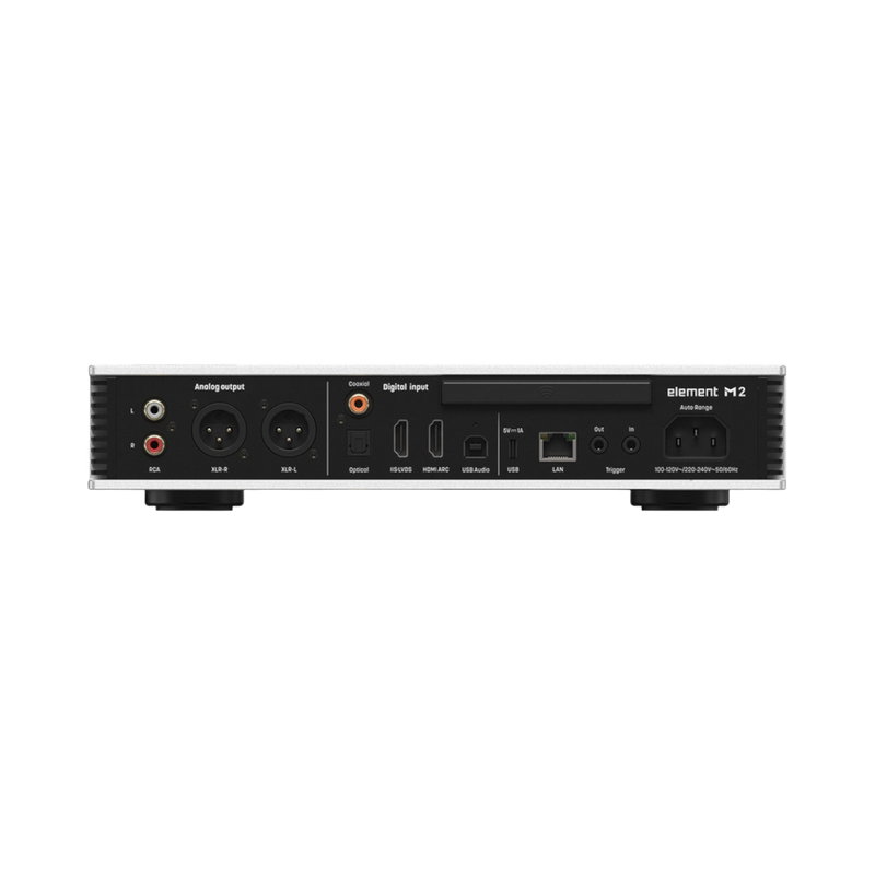 Rear panel of the Undentia AB Element M2 music streamer showing various analog and digital input and output ports.