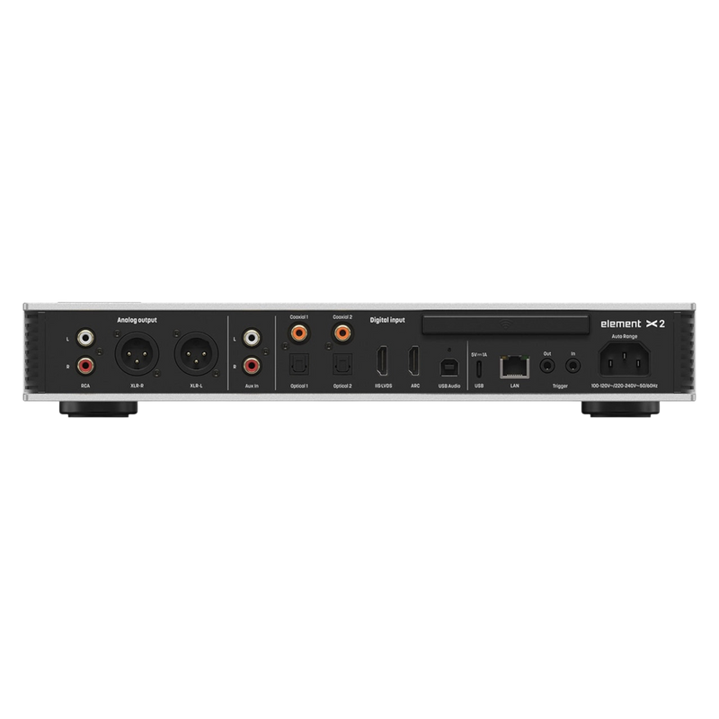 Rear panel of the Undentia AB Matrix Audio Element X2 Pure streamer showing various analog and digital inputs