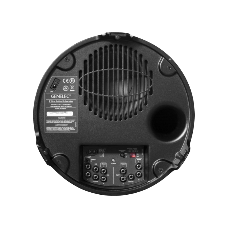 Undentia AB F One active subwoofer rear panel showing input and output ports, power switch, and cooling grille.