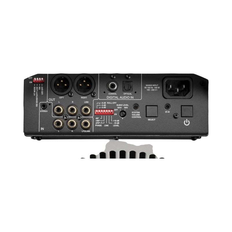 Undentia AB F Two active subwoofer rear connection panel showing analog RCA, digital optical, and coaxial inputs.