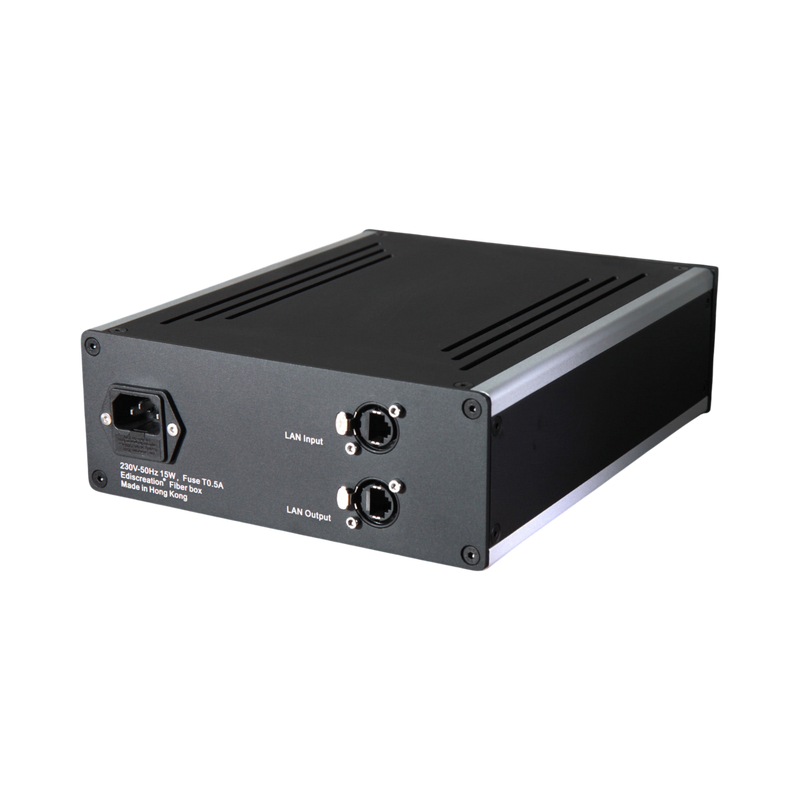 Undentia AB Fiberbox II optical network isolator in a black metal chassis with LAN input and output ports.