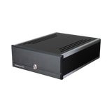 Undentia AB Fiberbox II optical network isolator and reclocker in a sleek black metal chassis for high-end audio.