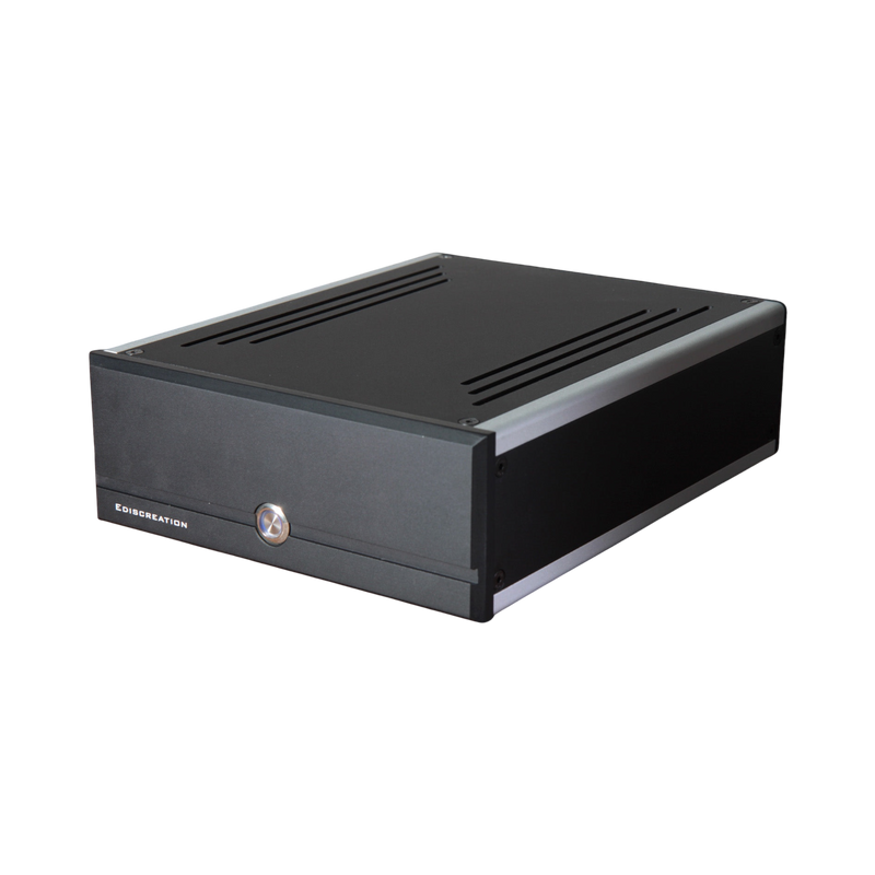 Undentia AB Fiberbox II optical network isolator and reclocker in a sleek black metal chassis for high-end audio.