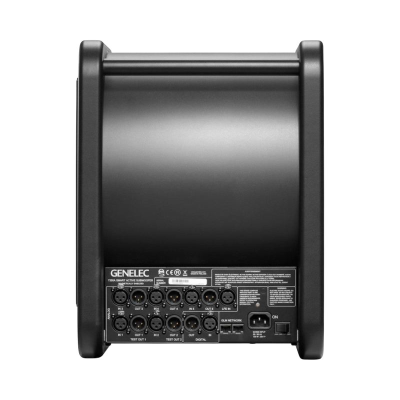 Undentia AB Genelec 7350A SAM studio subwoofer rear panel showing analog and digital XLR input and output ports