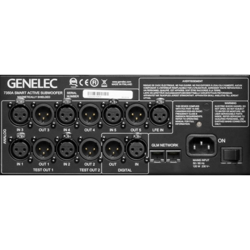 Undentia AB Genelec 7350A SAM studio subwoofer rear connection panel with XLR analog and digital inputs and outputs