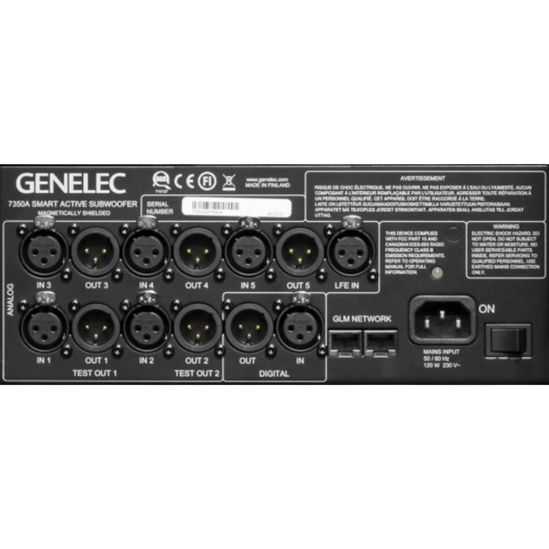 Undentia AB Genelec 7350A SAM studio subwoofer rear connection panel with XLR analog and digital inputs and outputs
