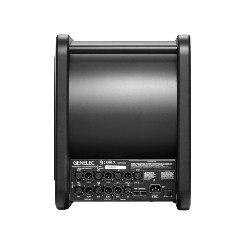 Undentia AB Genelec 7350A SAM studio subwoofer rear panel showing analog and digital XLR input and output ports