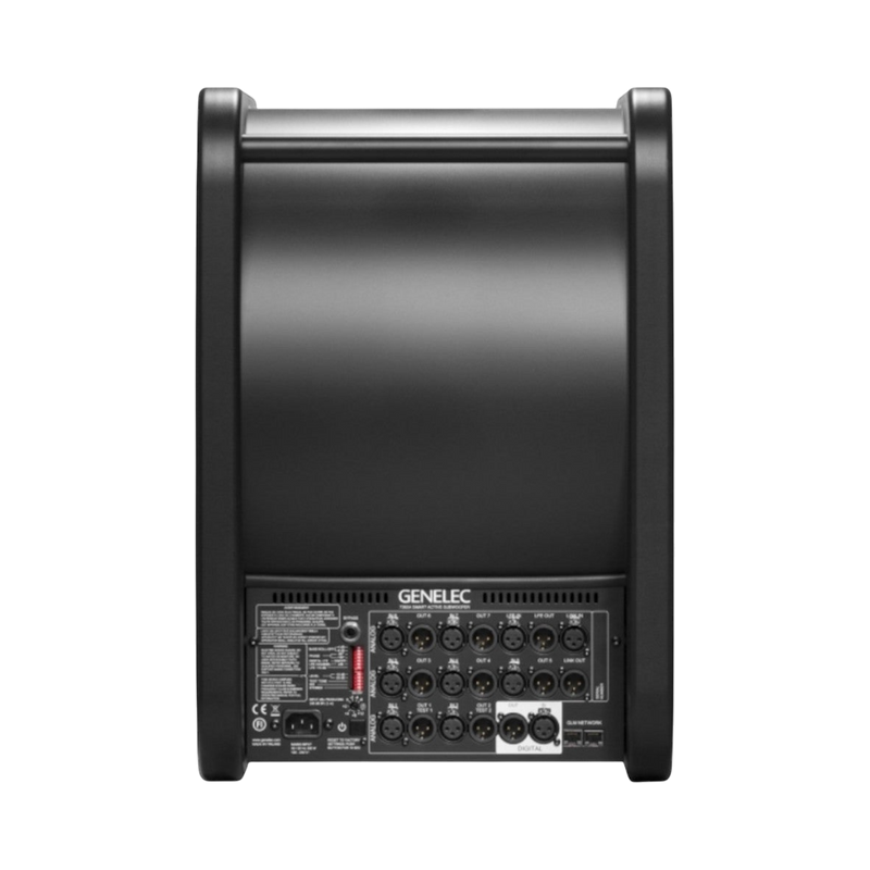 Undentia AB Genelec 7360A SAM studio subwoofer rear panel showing multiple XLR analog and digital connectivity ports